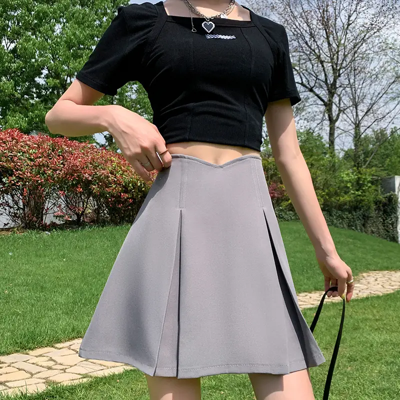 Khaki Pleated Skirt Women Summer Spring Autumn Slimming