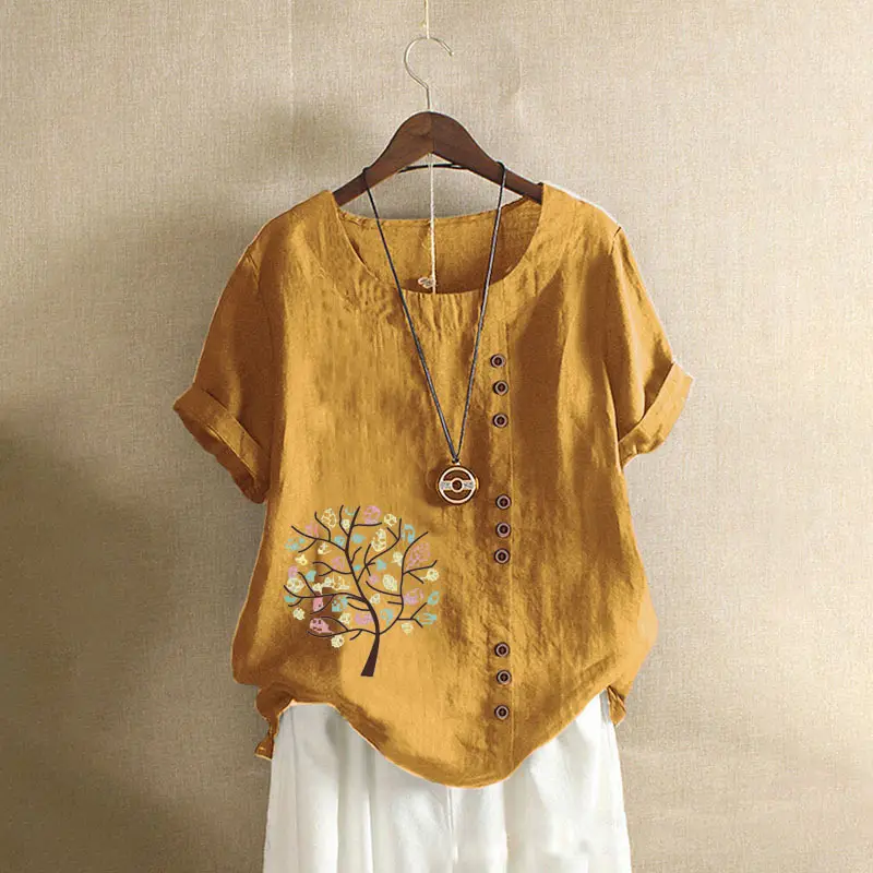 2020 Summer Women Cotton Linen Pullover T-Shirt Large - Image 3
