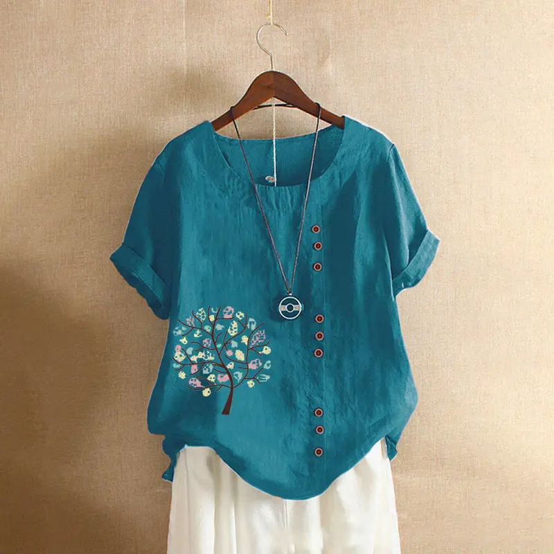 2020 Summer Women Cotton Linen Pullover T-Shirt Large - Image 11