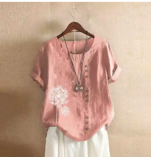 2020 Summer Women Cotton Linen Pullover T-Shirt Large - Image 10