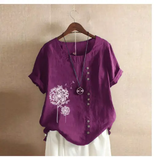 2020 Summer Women Cotton Linen Pullover T-Shirt Large - Image 8