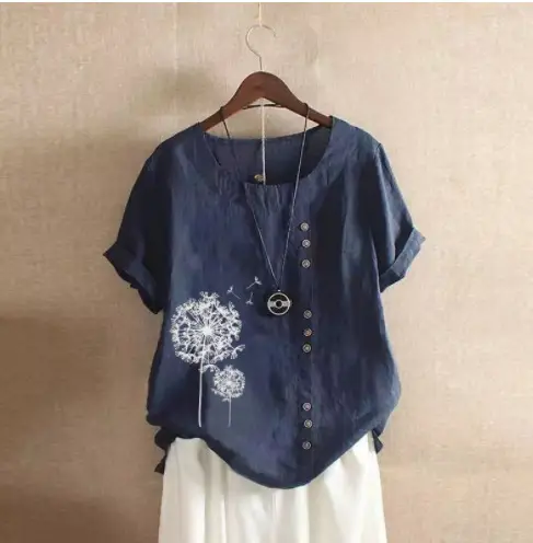 2020 Summer Women Cotton Linen Pullover T-Shirt Large - Image 9