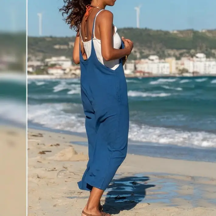 Women's Blue Casual Capri Pants with White Top Back