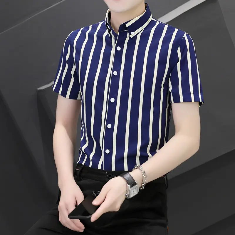 Men Blue White Striped Ice Silk Shirt Short Sleeve Elastic - Image 7