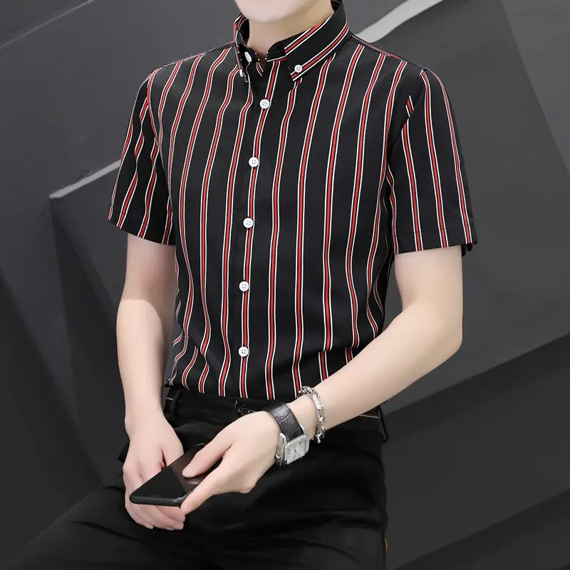 Men Blue White Striped Ice Silk Shirt Short Sleeve Elastic - Image 4