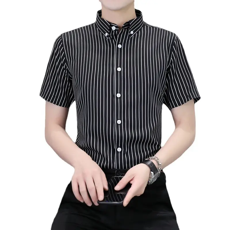 Men Blue White Striped Ice Silk Shirt Short Sleeve Elastic - Image 8