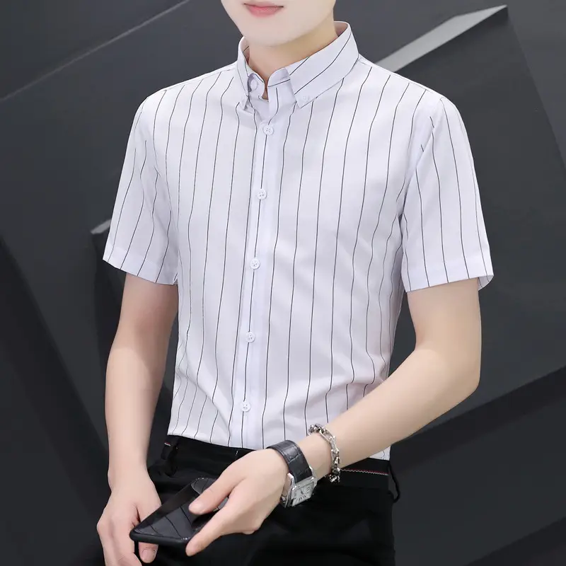 Men Blue White Striped Ice Silk Shirt Short Sleeve Elastic - Image 2