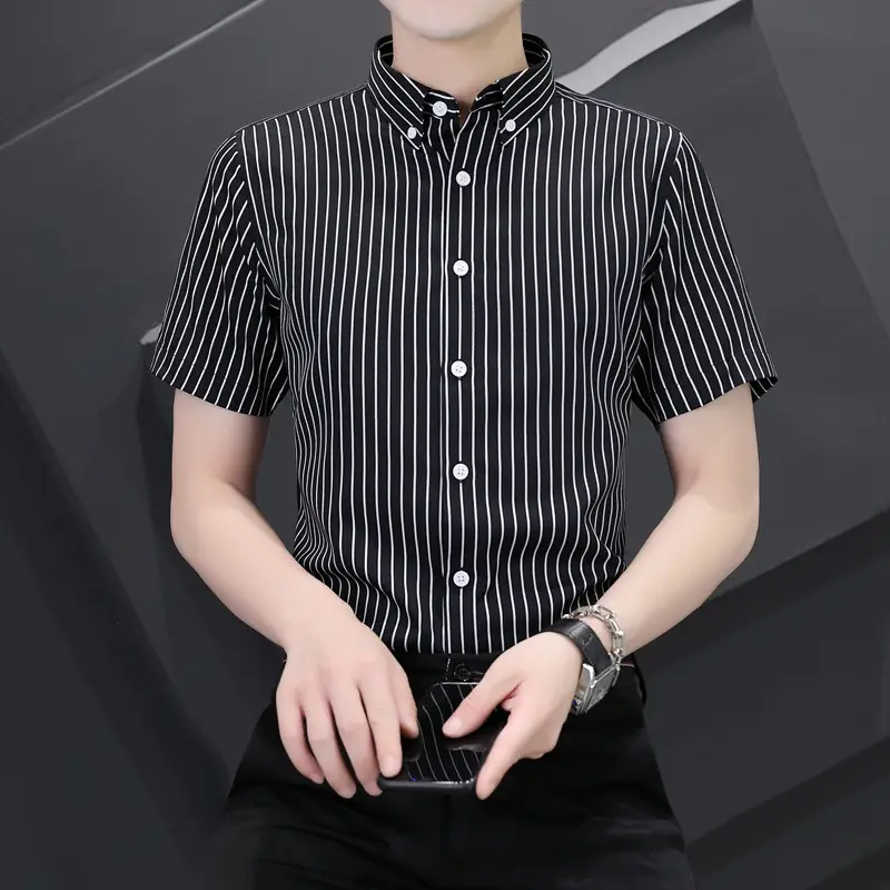 Men Blue White Striped Ice Silk Shirt Short Sleeve Elastic - Image 5