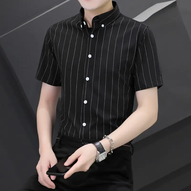 Men Blue White Striped Ice Silk Shirt Short Sleeve Elastic - Image 6