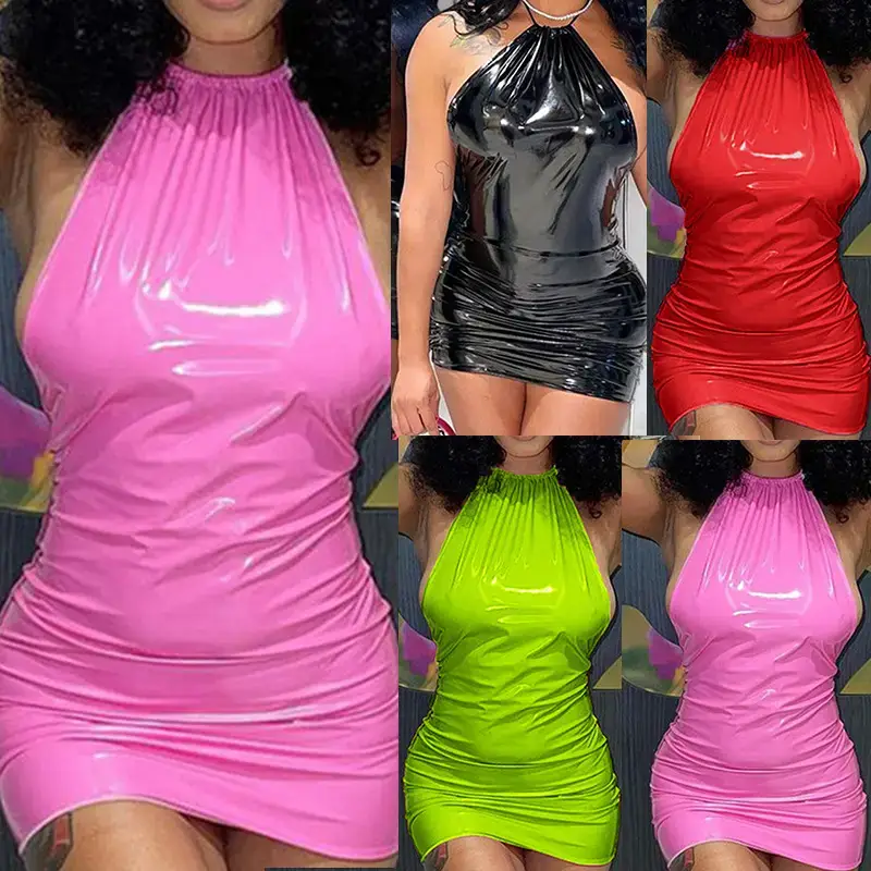 Black Faux Leather Hip Skirt Night Dress - Image 4