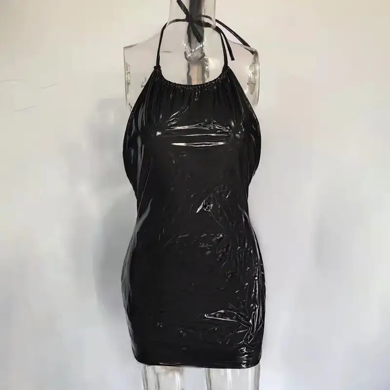 Black Faux Leather Hip Skirt Night Dress - Image 7