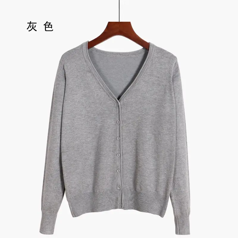 Women V-Neck Cardigan Grey Large - Image 5