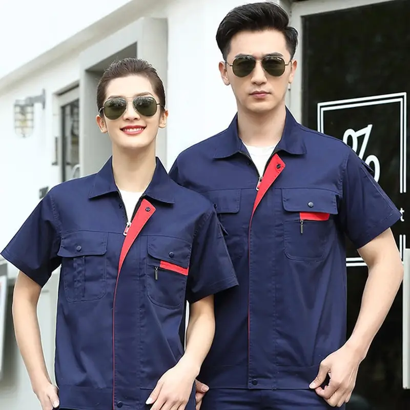 Men's Gray Reflective Short Sleeve Work Suit with Red Accents - Image 7