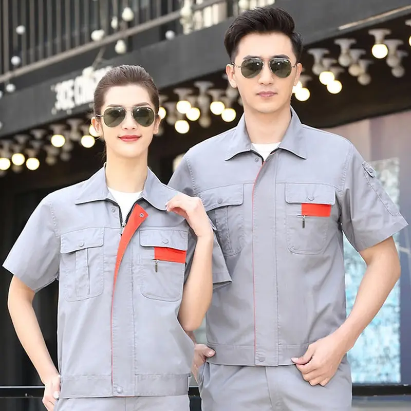 Men's Gray Reflective Short Sleeve Work Suit with Red Accents - Image 8