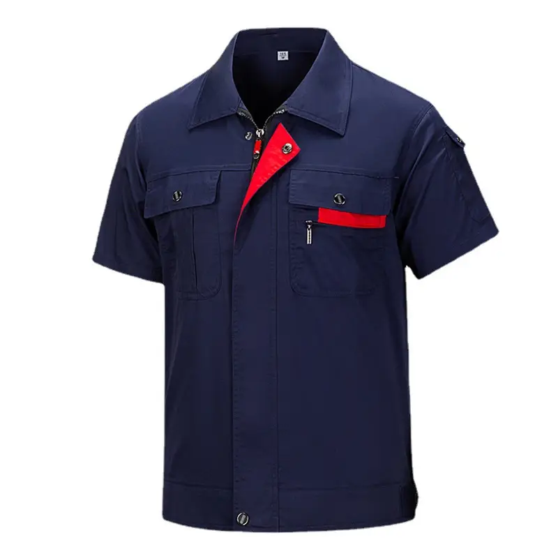 Men's Gray Reflective Short Sleeve Work Suit with Red Accents - Image 9