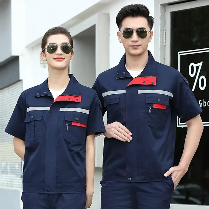 Men's Gray Reflective Short Sleeve Work Suit with Red Accents - Image 4