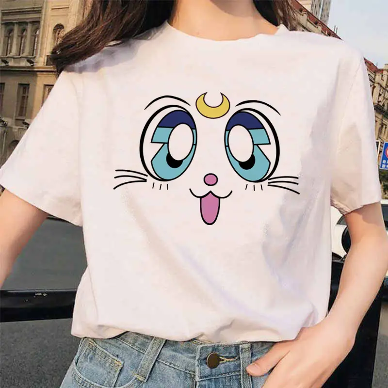 Women Printed T-Shirt Sailor Moon Cat Design White - Image 16
