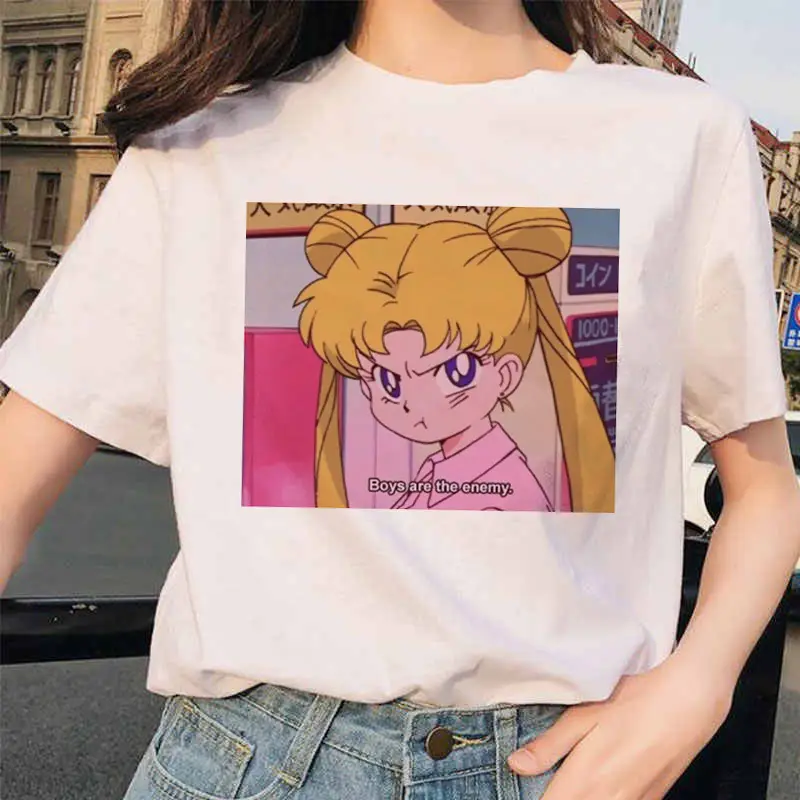 Women Printed T-Shirt Sailor Moon Cat Design White - Image 4