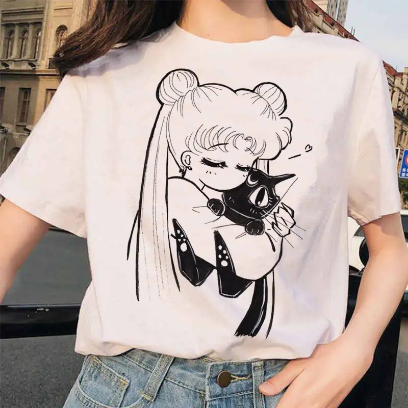 Women Printed T-Shirt Sailor Moon Cat Design White - Image 25