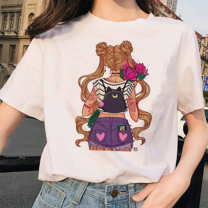 Women Printed T-Shirt Sailor Moon Cat Design White - Image 11