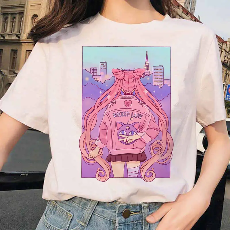 Women Printed T-Shirt Sailor Moon Cat Design White - Image 18