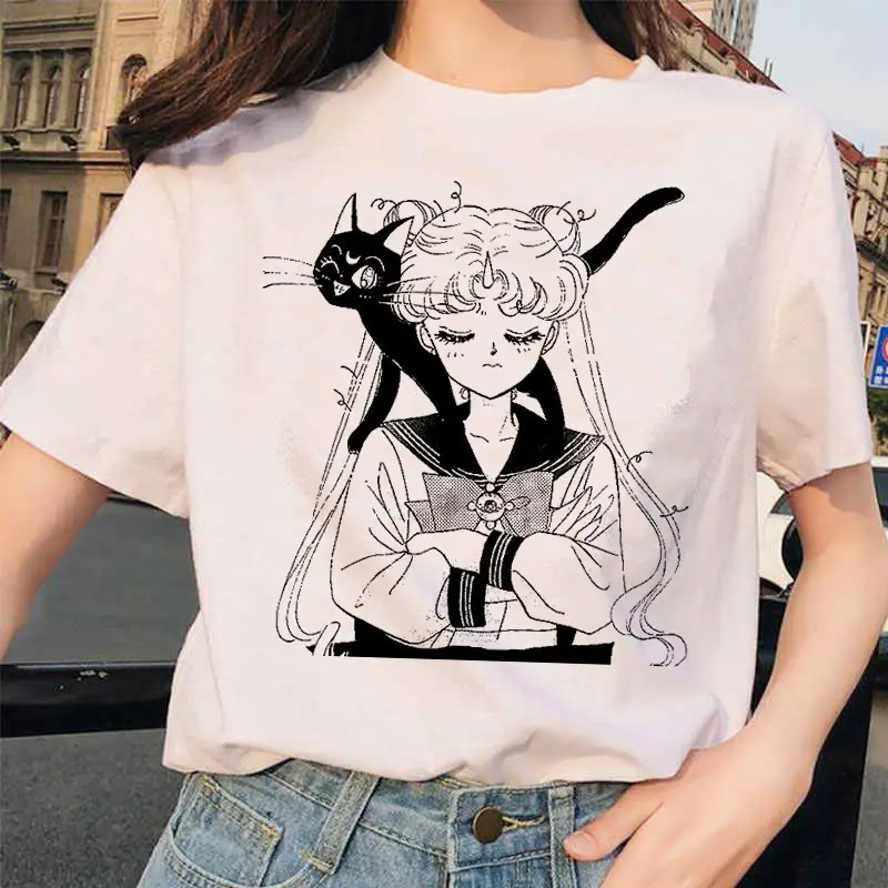 Women Printed T-Shirt Sailor Moon Cat Design White - Image 19