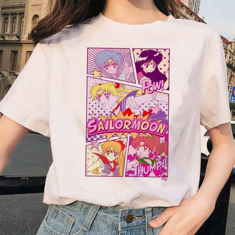 Women Printed T-Shirt Sailor Moon Cat Design White - Image 20