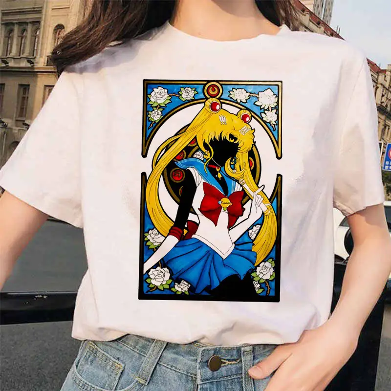 Women Printed T-Shirt Sailor Moon Cat Design White - Image 7
