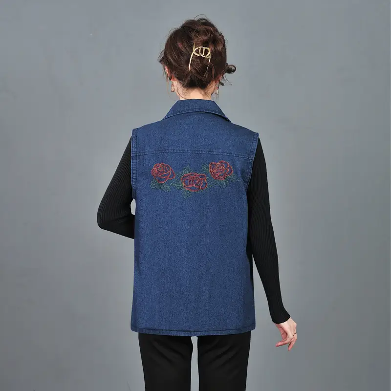 Women Denim Vest Dark Blue Large Size Pocket - Image 5
