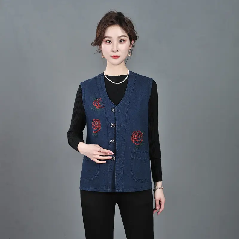 Women Denim Vest Dark Blue Large Size Pocket - Image 6