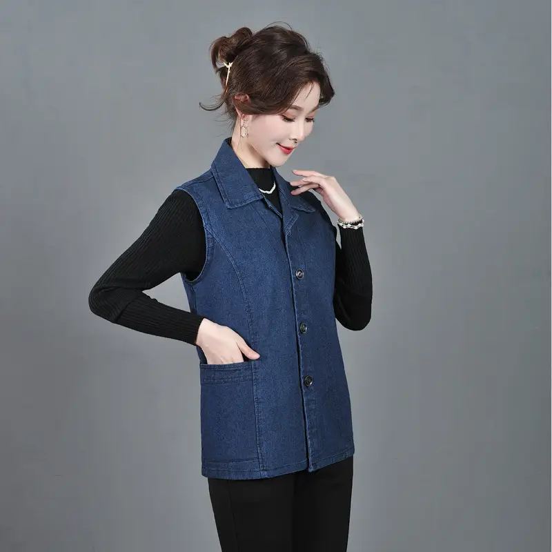 Women Denim Vest Dark Blue Large Size Pocket - Image 7