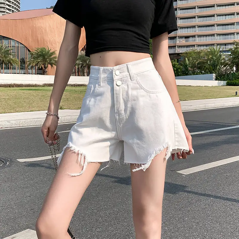 Women White Ripped Denim Shorts High Waist Loose Slimming - Image 5