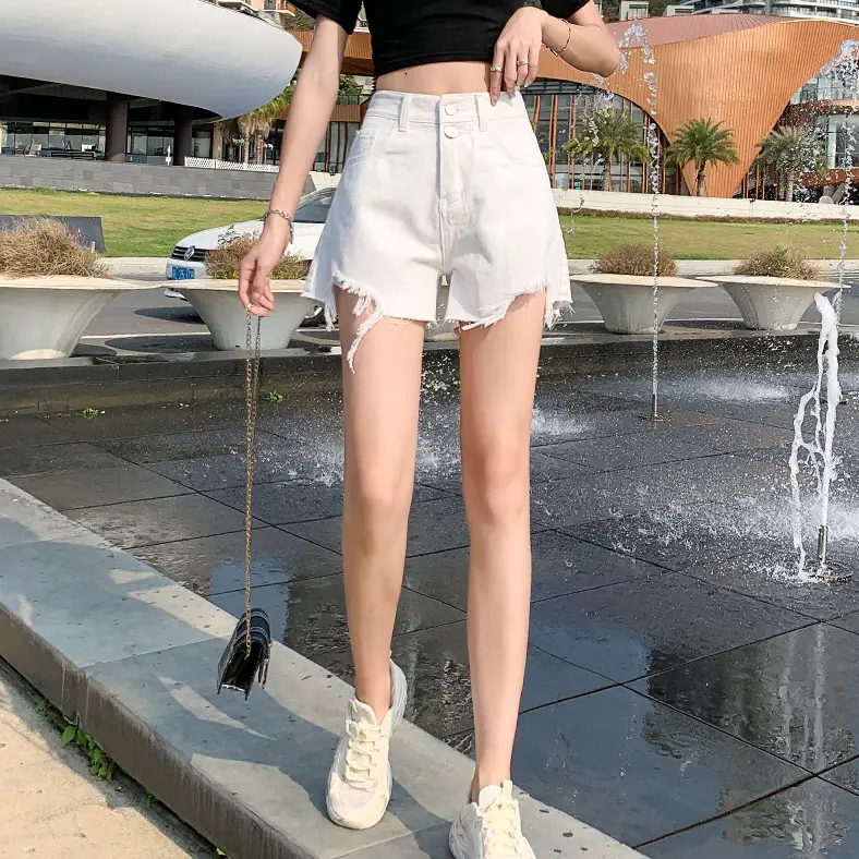 Women White Ripped Denim Shorts High Waist Loose Slimming - Image 6