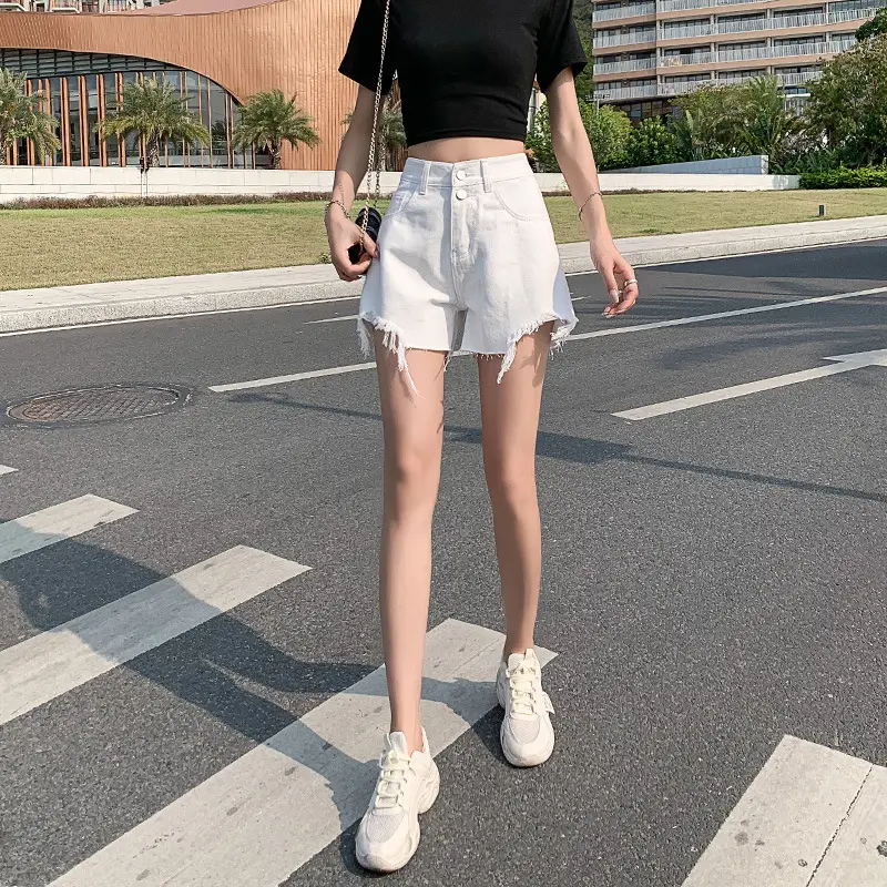 Women White Ripped Denim Shorts High Waist Loose Slimming - Image 7