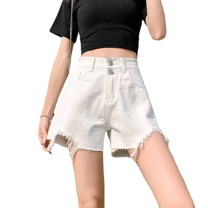 Women White Ripped Denim Shorts High Waist Loose Slimming - Image 8