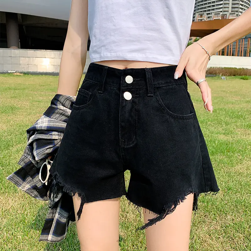 Women White Ripped Denim Shorts High Waist Loose Slimming - Image 2