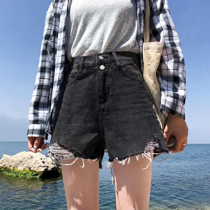 Women White Ripped Denim Shorts High Waist Loose Slimming - Image 4