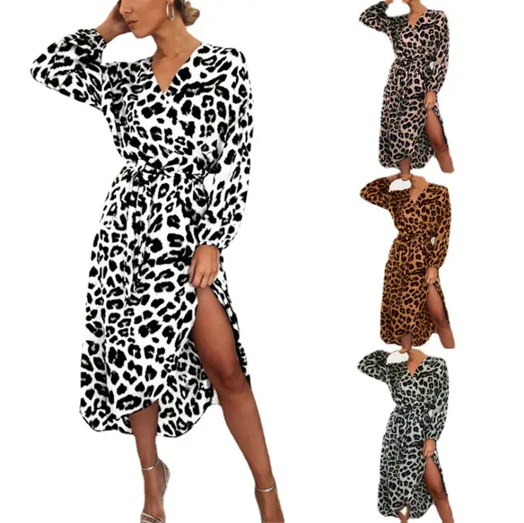 Leopard Print V-Neck Lace-Up Dress