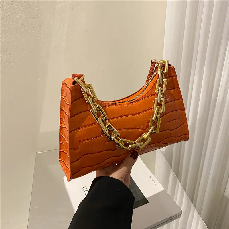 Red Croc Leather Shoulder Bag with Gold Chain