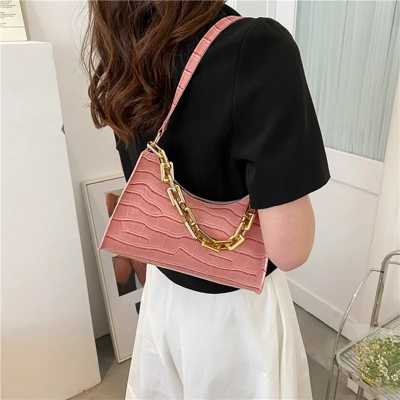 Red Croc Leather Shoulder Bag with Gold Chain