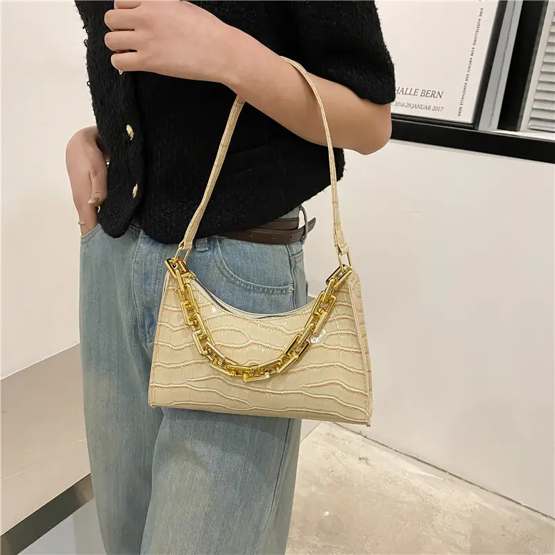 Red Croc Leather Shoulder Bag with Gold Chain