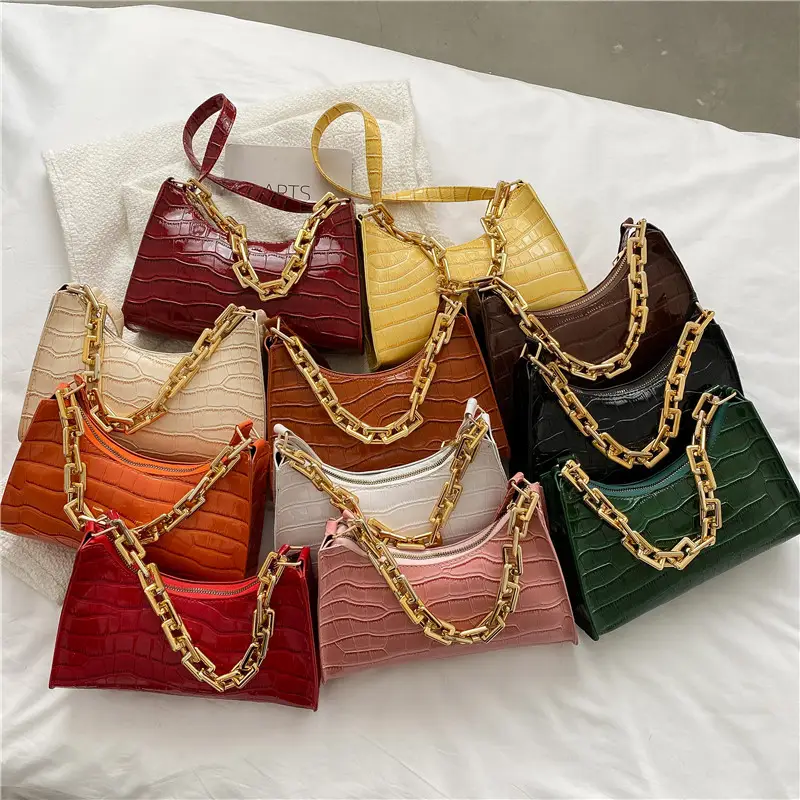 Red Croc Leather Shoulder Bag with Gold Chain