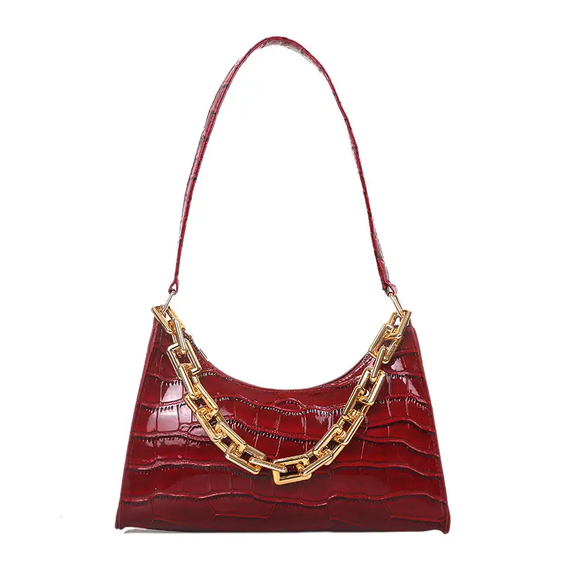 Red Croc Leather Shoulder Bag with Gold Chain