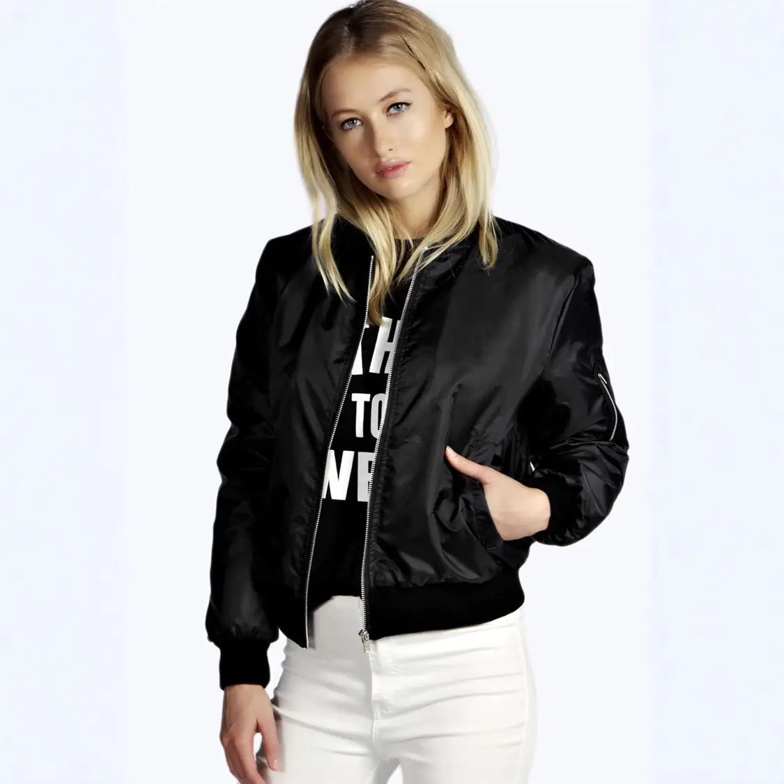 Black Bomber Jacket with White Text for Women - Image 7