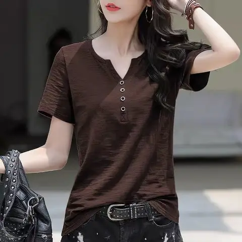 2022 Women V Neck Cotton T-Shirt Large Pink - Image 8