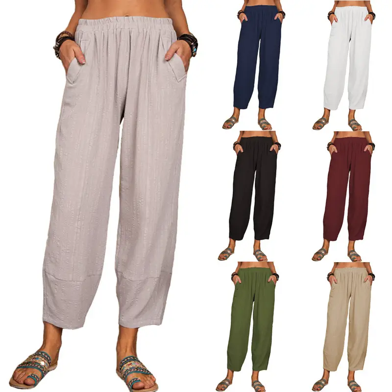 Women Loose Cotton Linen Pants Solid Color 2022 - Image 9