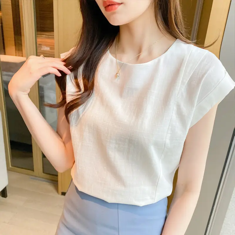 Korean Women 2022 Cotton Sleeveless Shirt White - Image 5