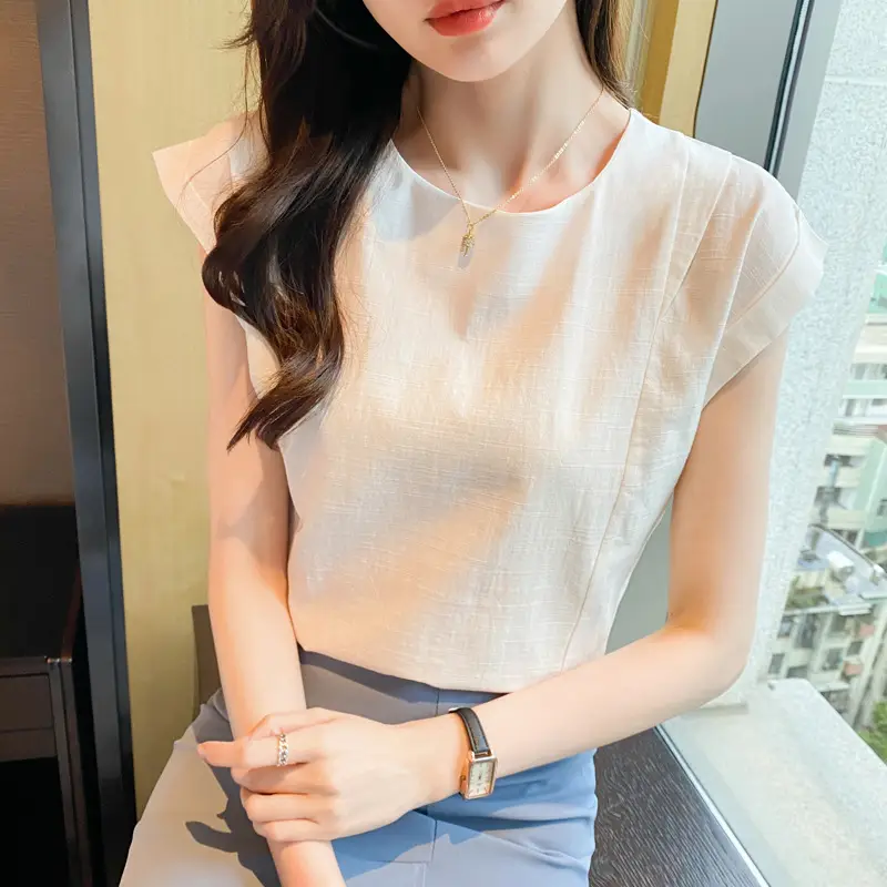 Korean Women 2022 Cotton Sleeveless Shirt White - Image 6