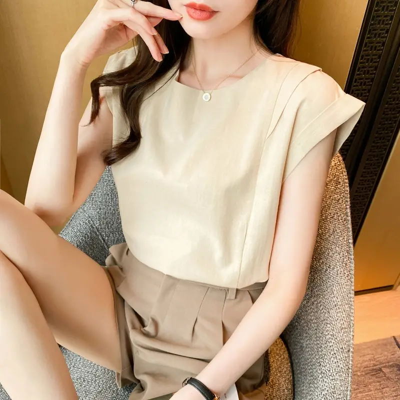 Korean Women 2022 Cotton Sleeveless Shirt White - Image 3