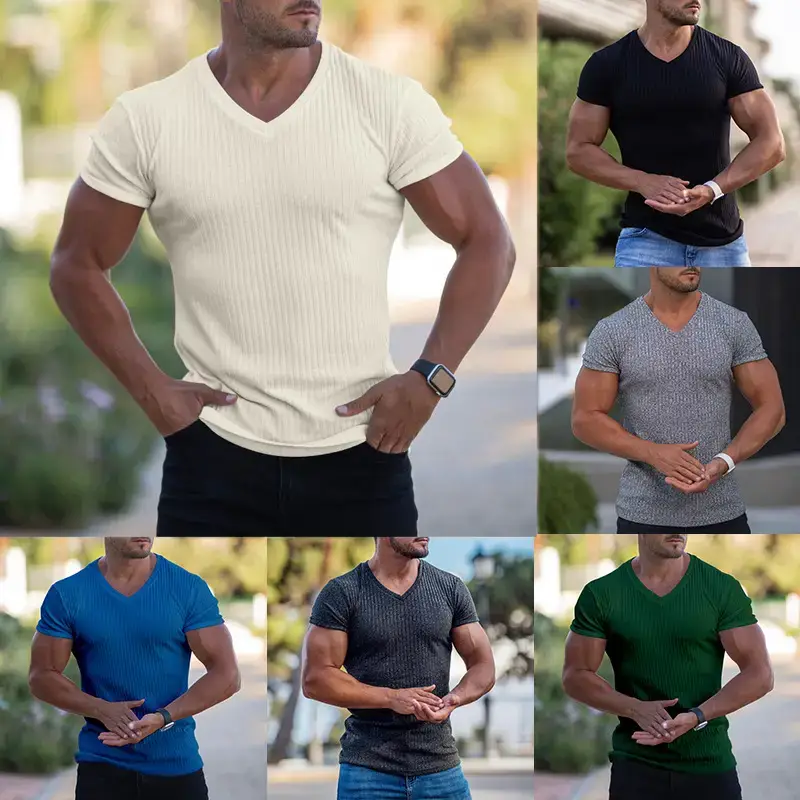 Men V-Neck Sweat Wicking Slim Fit T-Shirt Cream